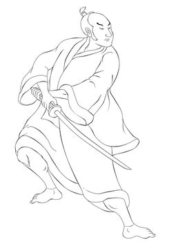 illustration of a Samurai warrior with katana sword in fighting stance done in cartoon style black and white on isolated background