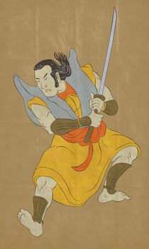 illustration of a Samurai warrior with katana sword in fighting stance done in cartoon style 