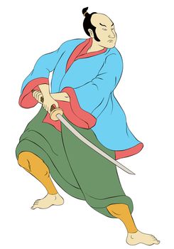 illustration of a Samurai warrior with katana sword in fighting stance done in cartoon style on isolated background