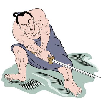  illustration of a Samurai warrior with katana sword in fighting stance done in cartoon style