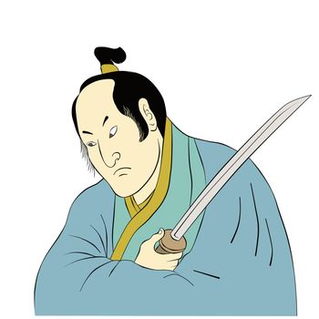  illustration of a Samurai warrior with katana sword in fighting stance done in cartoon style