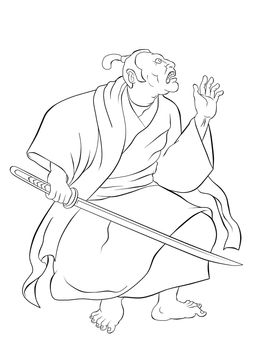  illustration of a Samurai warrior with katana sword in fighting stance done in cartoon style done in black and white