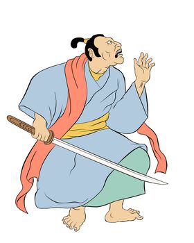  illustration of a Samurai warrior with katana sword in fighting stance done in cartoon style