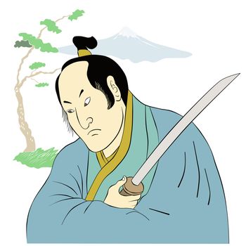  illustration of a Samurai warrior with katana sword in fighting stance with tree and mountain in background done in cartoon style Japanese wood block print.