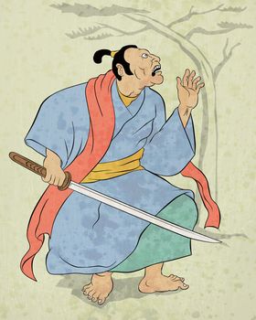  illustration of a Samurai warrior with katana sword in fighting stance done in cartoon style Japanese wood block print
