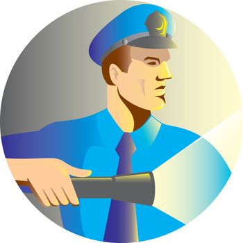 illustration of a Security guard policeman officer pointing a torch flashlight viewed from side set inside circle done in retro style