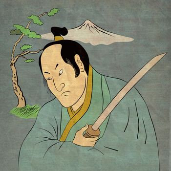  illustration of a Samurai warrior with katana sword in fighting stance with tree and mountain in background done in cartoon style Japanese wood block print.