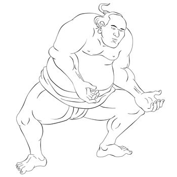 illustration of a Japanese sumo wrestler done in black and white cartoon style on isolated on white background