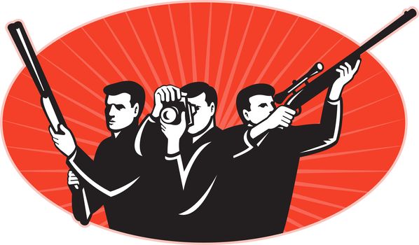 illustration of a hunter shooter aiming rifle and photographer shooting a camera set inside an oval