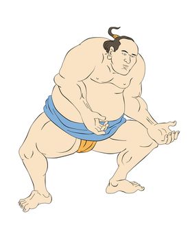 illustration of a Japanese sumo wrestler done in cartoon style on isolated on white background