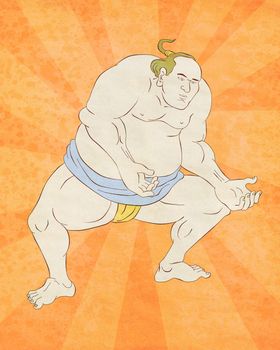 illustration of a Japanese sumo wrestler done in cartoon style with sunburst in background