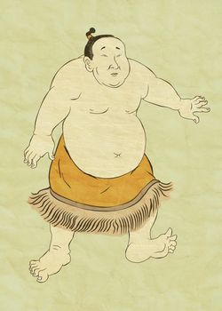 illustration of a Japanese sumo wrestler in fighting stance done in cartoon style