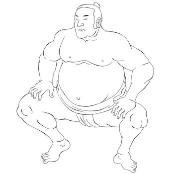 illustration of a Japanese sumo wrestler done in black and white cartoon style on isolated on white background