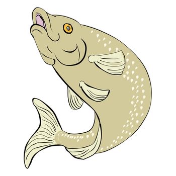 illustration of a trout fish jumping done in Japanese cartoon style wood block print on isolated background