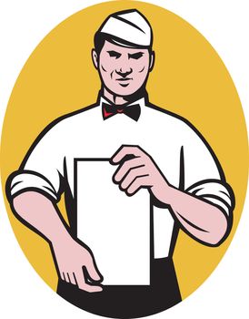 illustration of a Waiter holding a blank menu paper facing front set inside an ellipse