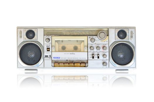 vintage radio and cassette tape player on white background with clipping path.