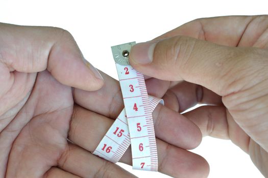 concept picture of tape measure on human hand.