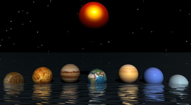 seven planets and sun and water