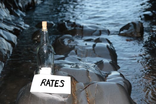 a bottle with a message on water rates standing on a rocky coastline