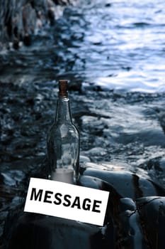 a bottle with a message standing on a rocky coastline