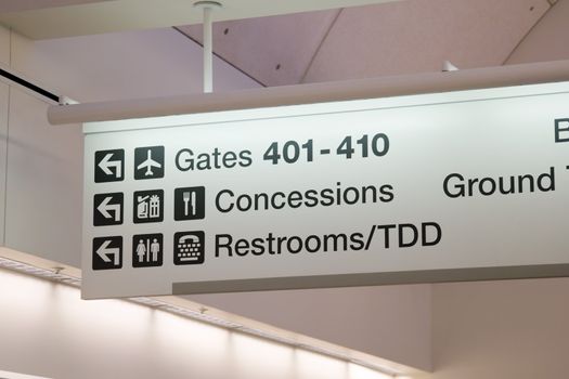 Direction signs in an airport terminal for travelers