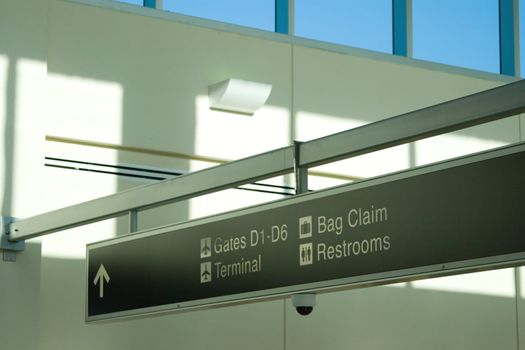 Direction signs in an airport terminal for travelers