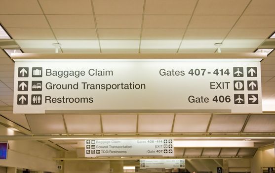 Direction signs in an airport terminal for travelers