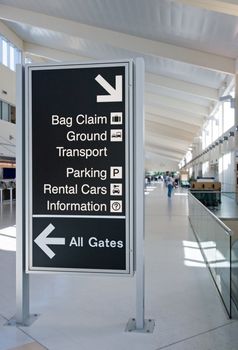 Direction signs in an airport terminal for travelers