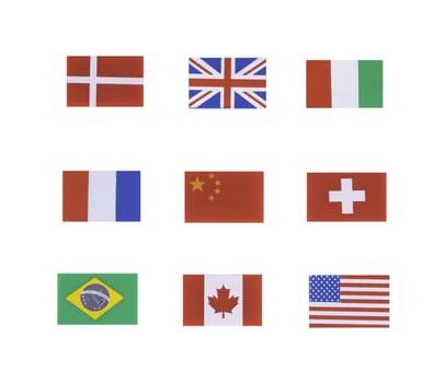 A set of flags of 9 different countries isolated on a white background.