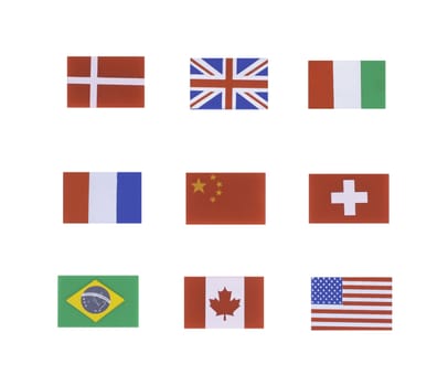 A set of flags of 9 different countries isolated on a white background.