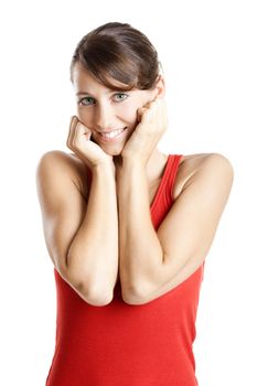 Portrait of a beautiful young woman whit both hands on the face