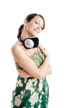 Beautiful young woman with headphones isolated on white