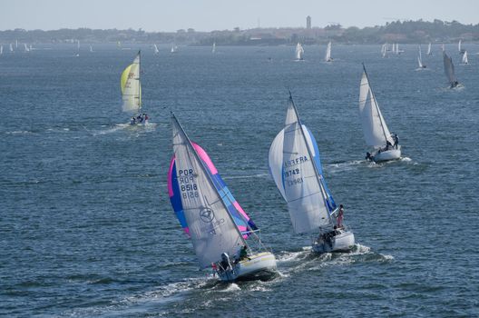 AVEIRO - AUGUST 27: Participant boats on the competition during the 49th Cruzeiro da Ria August 27, 2011 in Aveiro, Portugal.