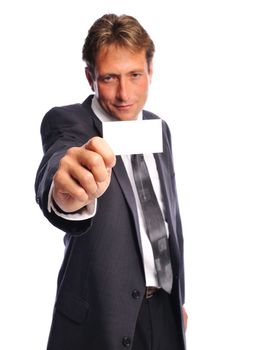a man holding his businesscard with focus on the card and hand set on a white background