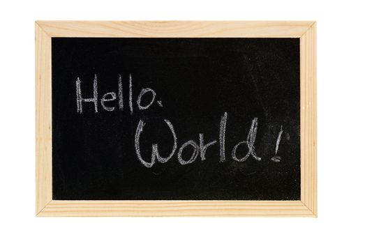 Blackboard writing white words of "Hello World".