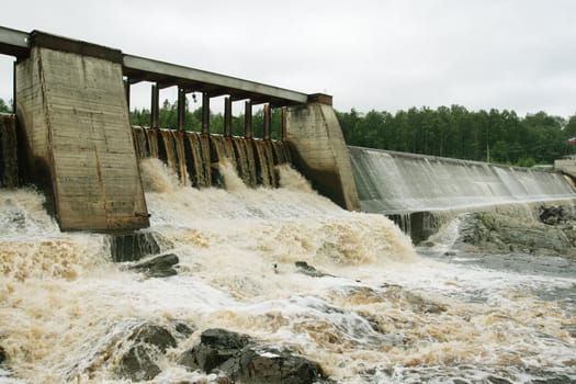 Dam of a hydroelectric power station on a karelian river, Russia