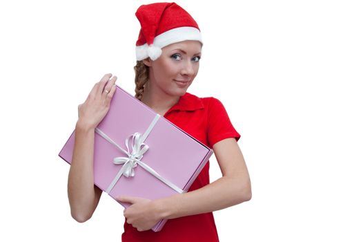 Joyful Santa helper with pink present box over white
