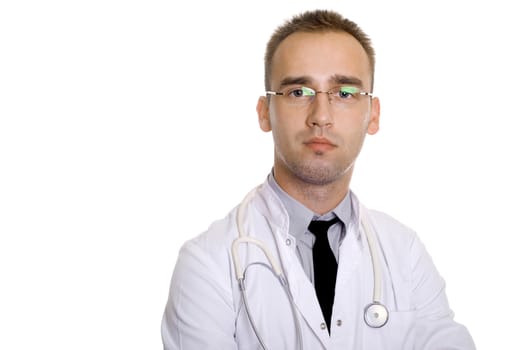 young male doctor with stethoscope, in glasses