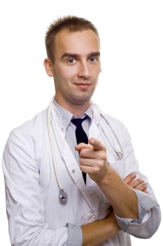 young male doctor with stethoscope pointing at you