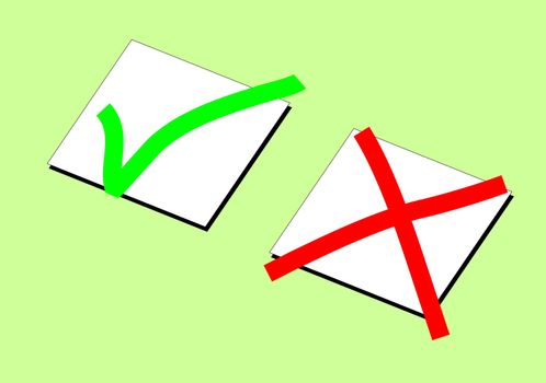 Tick and cross signs on a form over green