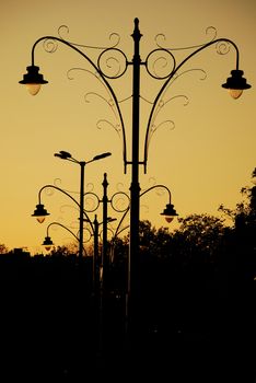 street lamps in sunset