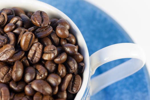 A close up of a cup and saucer full of coffee beans