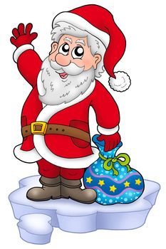 Cute Santa Claus with gifts on snow - color illustration.