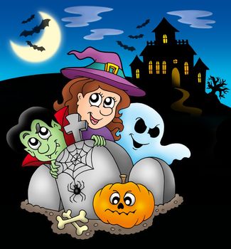 Halloween characters before mansion - color illustration.