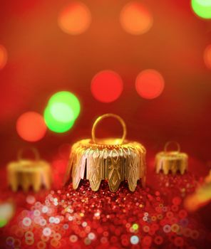 Christmas baubles on red background