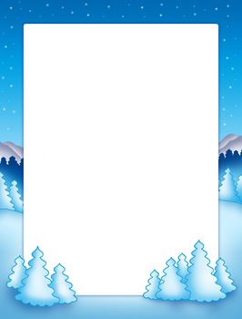 Christmas frame with snowy trees - color illustration.