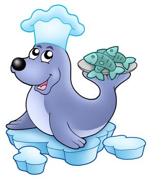 Seal chef with fishes - color illustration.
