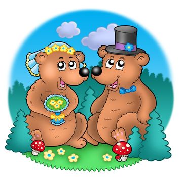 Wedding image with bears on meadow - color illustration.