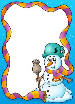 Winter frame with cute snowman - color illustration.