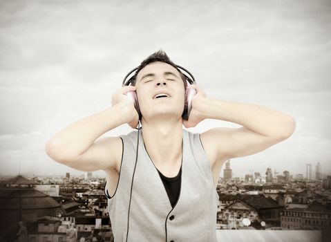 Teenager listening music on headphones :NOTE:Grain and texture was added